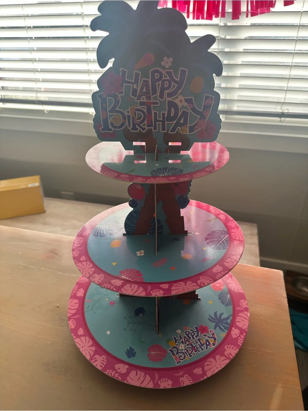 Tropical Blue & Pink Happy Birthday 3-Tier Cake Stand